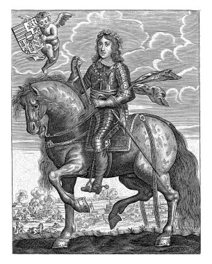 Almanya İmparatoru I. Leopold 'un portresi, at sırtında. Manzarada bir kale ve bir savaş. Sol üstte, bir putto armasını gösterir..