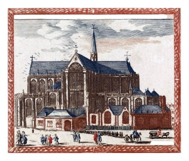 Amsterdam 'dan Nieuwe Kerk, anonim, Jan Veenhuysen' den sonra, 1695 - 1699 Amsterdam 'dan Nieuwe Kerk önplanda kiliseye giren insanlar ve çeşitli figürlerle.