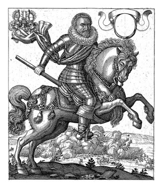 Equestrian portrait of Frederik Hendrik. His weapon is top left. A battle in the background. Seven lines of Latin text in the bottom margin. clipart