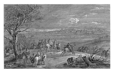 Fransa Kralı 14. Louis 'in askerleri at sırtında oturup soldaki ağacın yanında dururlar. Arka planda Dole kasabası var..