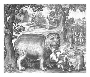 Bigorne, anonymous, 1600 - 1650 Bigorne, c. 1550. A fat monster eating a man. Before Bigorne kneels a man called 'Good brother' next to him his wife referred to as 'Devil'. clipart