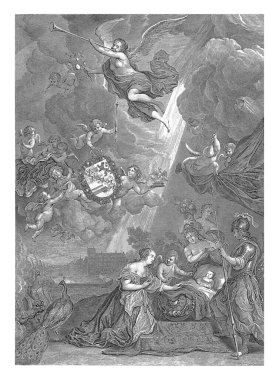 Prens III. William 'ın doğum alegorisi, 14 Kasım 1650. Minerva, Juno, Cupid ve Flora beşikte çocukla birlikte diz çöküp.
