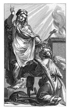 Kilisenin kişileştirilmesi bir kaideye dayanıyor ve vaaz veriyor. Kafasında defne çelengi olan bir melek önünde diz çöker ve onun için bir kitabı açık tutar..