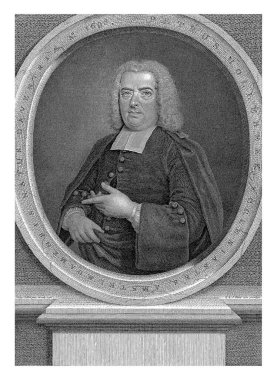 Papaz Petrus Hollebeek 'in portresi (1696-1750), elini yana ve diğer elini beline göstererek.