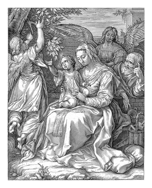聖家族と二つの天使 ジェイコブ マサム 1602 1605メアリーとジョセフと子供と二つの天使の摘み取りチェリー ヴィンテージ彫刻 — ストック写真