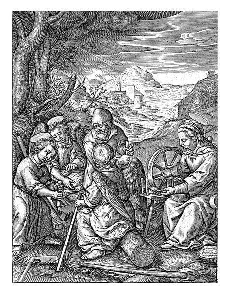 キリストの子は木の幹を見ました ヒエロニムス ウィリックス 1563 前1619キリストの子 二人の天使によって助け 作品に木の幹を見ました 父親のジョセフは — ストック写真