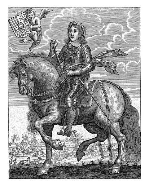 ドイツ皇帝レオポルド1世の肖像画が馬に乗っている 風景の中に要塞と戦い 左上には腕のコートが描かれている — ストック写真