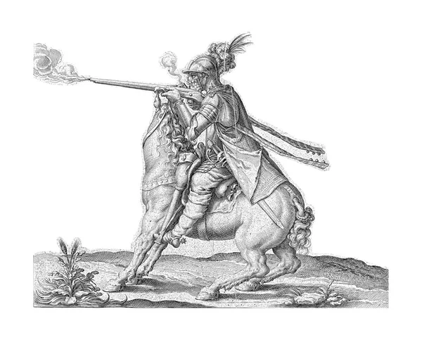 Pancerny Człowiek Koniu Oddaje Strzał Lewo Harquebusem Lekki Karabin Typu — Zdjęcie stockowe