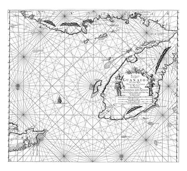 유카탄반도 멕시코 벨리즈 해안의 사이에 유카탄 해협의 지도와 나침반 장미가 — 스톡 사진