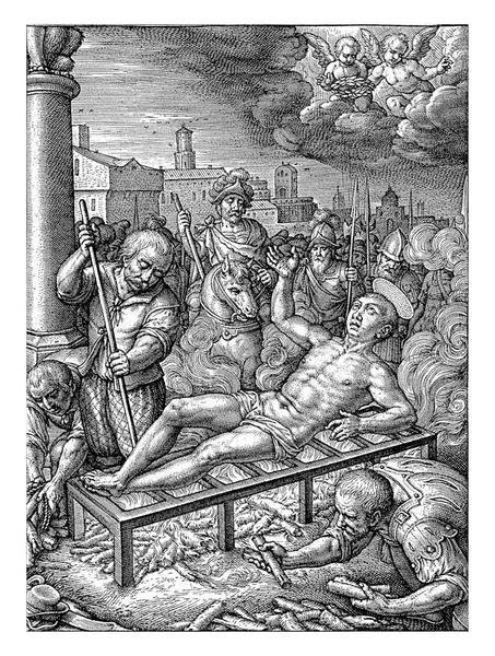 聖ローレンスの殉教 Martyrdom Laurentius Hieronyus Wierix 1563 1619年以前 聖ローレンスは火が燃えている墓の上にある 死刑執行人が火事を起こした — ストック写真