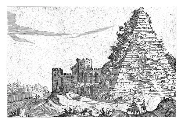 ローマのガイウス ケスティウスのピラミッド その前にはロバと歩行者の男がいた ウィレム ファン ニーウラントの印刷シリーズの後にコピーで構成されたローマの遺跡のシリーズから印刷します — ストック写真