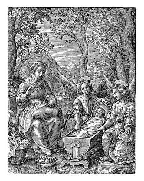 キリストの子がゆりかごの中で眠る ヒエロニムス ウィリックス 1563年 1619年以前キリストの子がゆりかごの中で眠る風景 二人の天使が彼を見守る — ストック写真