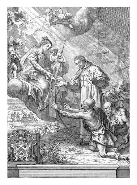 圣母玛利亚把基督的孩子抱在腿上 在基督徒的奴隶看来 她仍被锁链锁住 但已经被三位一体的人救了出来 三位一体的船只可以在后面看到 — 图库照片