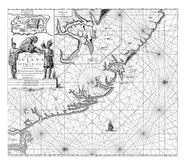 フランス領ギアナの海岸のパスポートマップ カイエン市のインセットマップとカイエンの要塞と2つのコンパスバラ — ストック写真