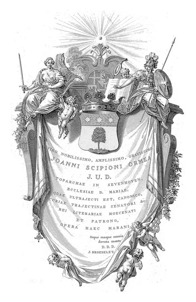 用拉丁文写的一篇剧本 其高潮是Zevenhoven领主Johannes Scipio Ormea的纹章 左上角是正义号右上角是密涅瓦号 — 图库照片