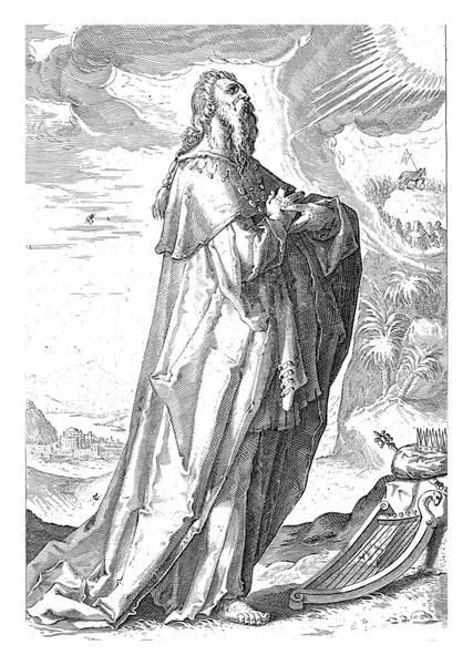 ダビデは琴と冠と杖を持って彼のそばにいた 旧約聖書の預言者たちと預言者たちの一連の最初の絵は — ストック写真