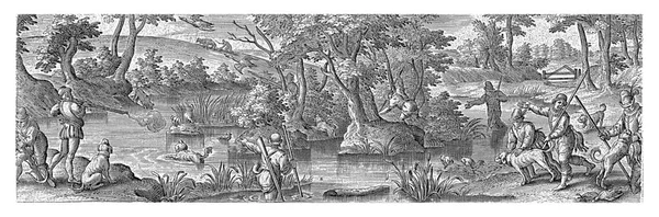 在池塘里 野鸭被猎狗猎杀 然后被猎人射杀 该印刷品有拉丁文字幕 是54幅系列印刷品的一部分 — 图库照片