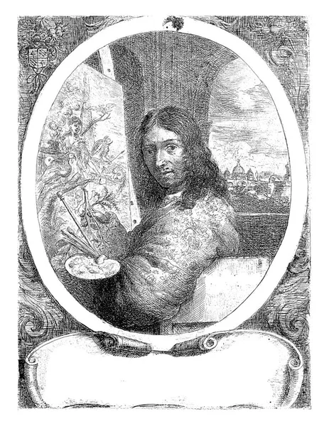 Pieter Van Der Hulst 左边半长 坐在一幅画的前面 他手里拿着调色板 刷子和油漆条 — 图库照片