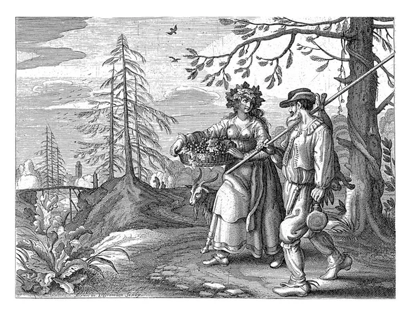 丹尼尔范登布雷姆登 阿德里安派特斯之后 范德芬 1625 1630年一个拿着一篮子葡萄和一个猎人一起穿过树林的年轻女子 — 图库照片