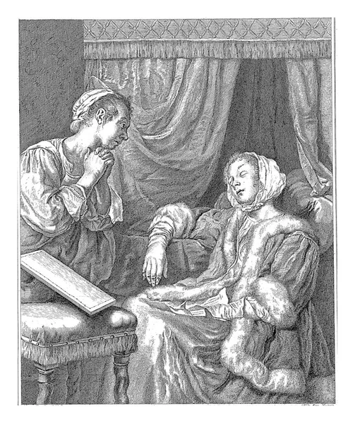 身着燕尾服的女人 Pieter Mare 在Frans Van Mieris 1768 1784一位身着燕尾服的女士 膝盖上躺着一封信 她面前是一把椅子上的绣花 — 图库照片