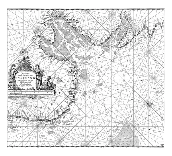 英国の東海岸のパスポートマップ 2つのコンパスのバラで ハンバーの口を示す 北は右側にあります — ストック写真