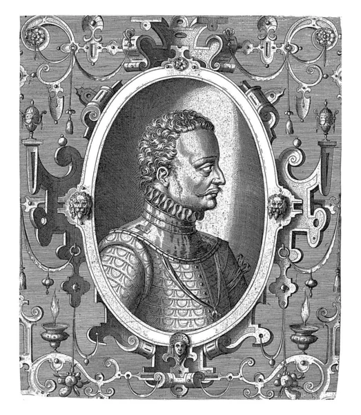 肖像画奥地利的唐璜 身穿盔甲 戴着金羊毛勋章的链子 被包裹在一个椭圆形的装饰图案包围中 — 图库照片