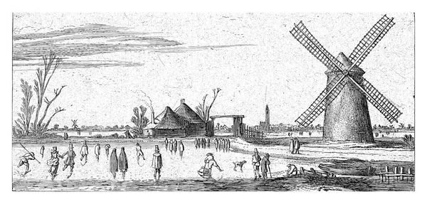 Skaters Ice Mill Penningsveer Esaias Van Velde 1645 Vintage Εγχάρακτο — Φωτογραφία Αρχείου