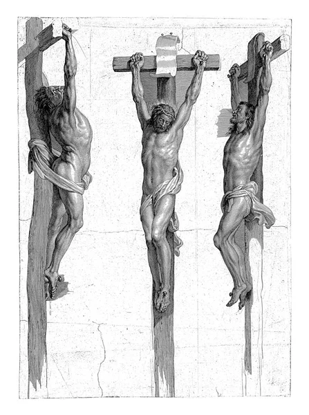 Christus Aan Het Kruis Tussen Twee Gekruisigde Criminelen Het Landschap — Stockfoto