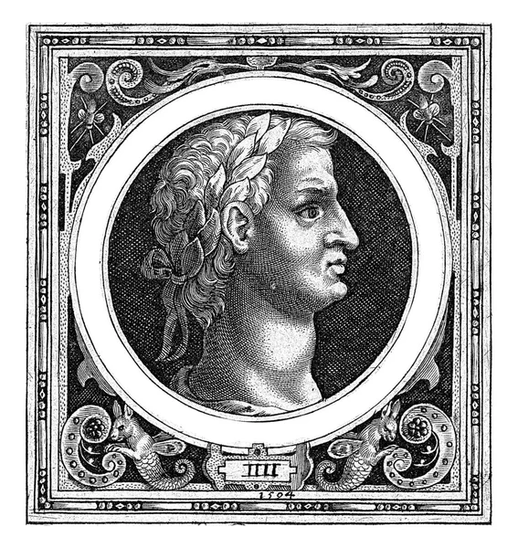 装飾が施された長方形のフレーム内のメダリオンに皇帝ゲルマニコスの胸像 メダリオンの縁と天皇の名 — ストック写真