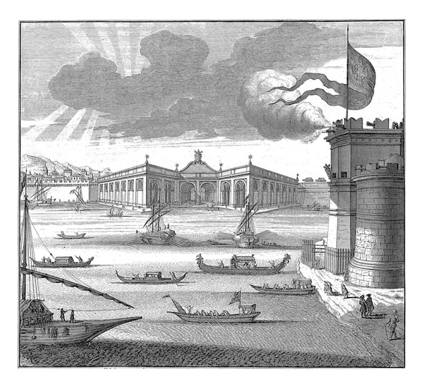 Civitavecchia Jacob Deの港の眺め後で 1696 1709水から見たイタリアの都市Civitavecchiaの港の景色 手前は船 — ストック写真