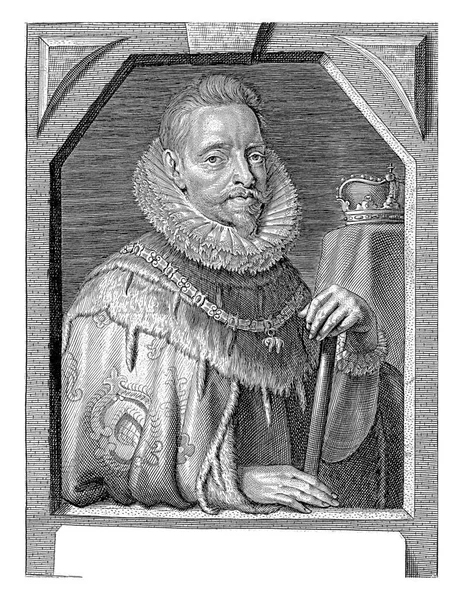 Albrecht的肖像画 62岁 他穿着一件带金色羊毛勋章的斗篷和一条链子 他的左手靠在指挥棒上 右手靠在镜框上 — 图库照片