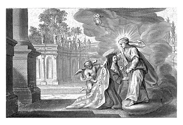 玛丽给圣玛丽 玛格达莱娜 德帕齐的莉莉支部 科尔内里斯 加勒1607 1650 玛丽给了玛丽 玛格达莱娜 帕齐一个百合花枝条 并用白色的面纱盖住了她 — 图库照片