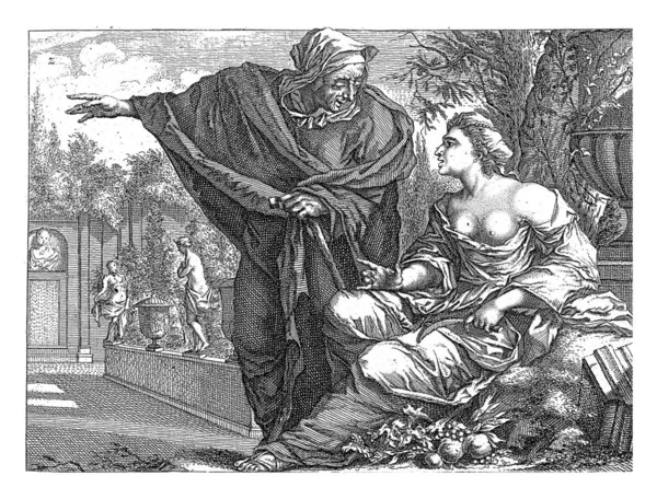 弗尔图穆斯 装扮成一个老妇人 和波莫纳说话 坐在一个古典花园里 — 图库照片