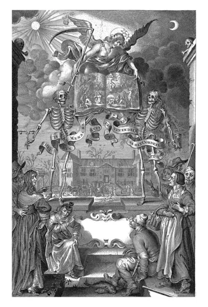 城市居民和农民看着两具骷髅和一个天使 打开一本书 描绘最后的审判 — 图库照片