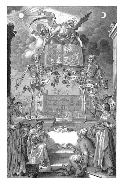 City dwellers and peasants watch two skeletons and an angel with a book open depicting the Last Judgment.