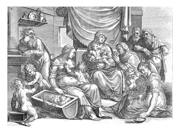 聖アンナや他の女性と聖なる家族 リビングルームで男性と子供 メアリーは膝の上で子供と一緒に真ん中に座っている アンナは子供を崇拝する — ストック写真