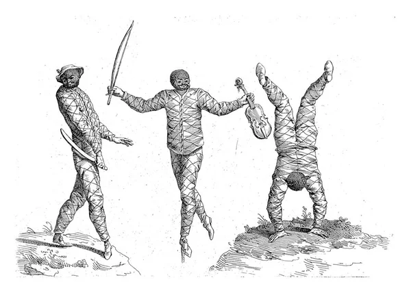 Τρεις Harlequins Ένας Των Οποίων Κάνει Ένα Handstand Ανώνυμη Μετά — Φωτογραφία Αρχείου