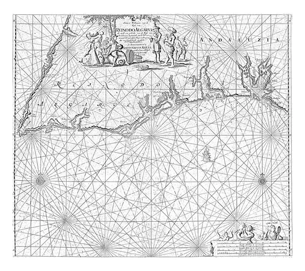 アルガルヴェとアンダルシアとポルトガルとスペインの南海岸の一部の海図 2つのコンパスのバラと 北は上にあります — ストック写真