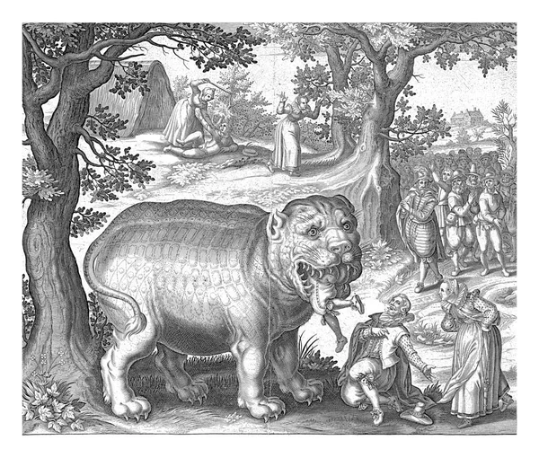 Bigorne 1600 1650 Bigorne 约1550年 一个吃人的胖怪物比格恩跪在他旁边一个叫 好兄弟 的男人面前 他的妻子叫他 — 图库照片