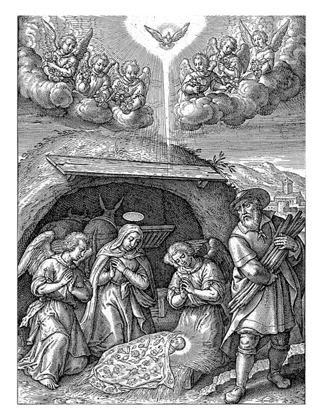 マリヤと二人の御使いによるキリストの子の崇敬 ヒエロニムス ウィリクス 1563年 1619年以前ベツレヘムの馬小屋でマリアは二人の御使いと共に 眠りにつくキリストの前にひざまずきました — ストック写真
