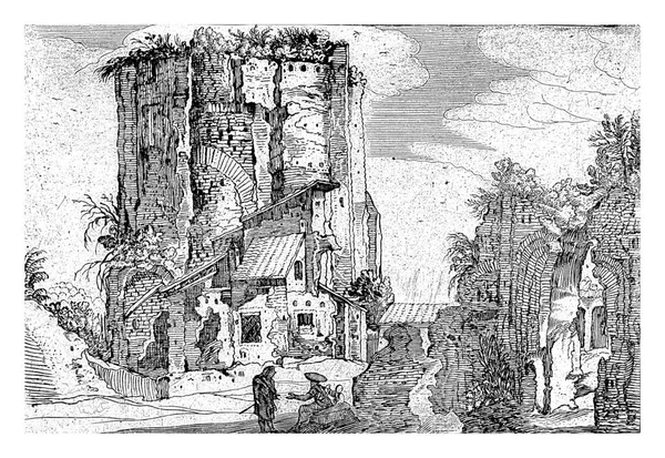 Στα Αριστερά Ερείπια Ενός Πύργου Στα Δεξιά Άλλο Ένα Ερείπιο — Φωτογραφία Αρχείου
