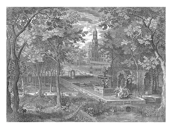 豊かな景観の城の庭では スザンナは噴水のそばの盆地に位置しています 二人の長老はスザンナの反対側に座り彼女を誘惑しようとする 遠くに城 前景には池や森の端に様々な動物 — ストック写真