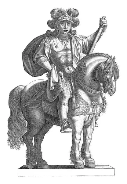 アウグストゥス帝が馬に乗って正面から片手で描かれ もう一方の司令官が描かれている — ストック写真