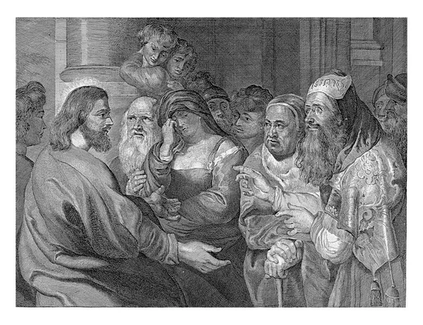 Templo Fariseus Levam Uma Mulher Acusada Adultério Cristo — Fotografia de Stock