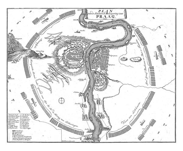 1742年のプラハ包囲戦におけるハンガリー オーストリア軍の位置を示す計画 市の計画と銃の位置の途中で — ストック写真