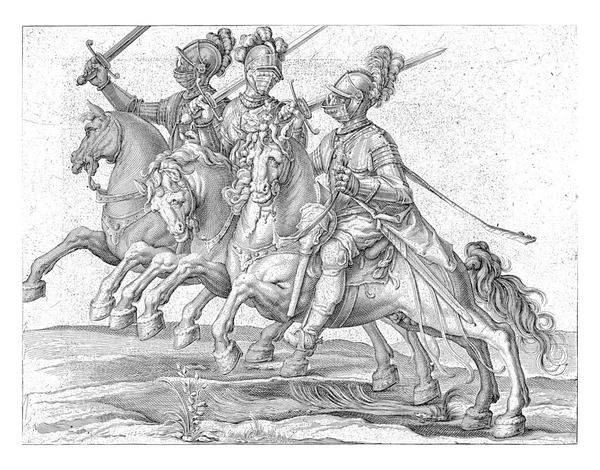 Три Озброєні Чоловіки Коні Їдуть Ліворуч Кожен Тримає Піднятого Меча — стокове фото