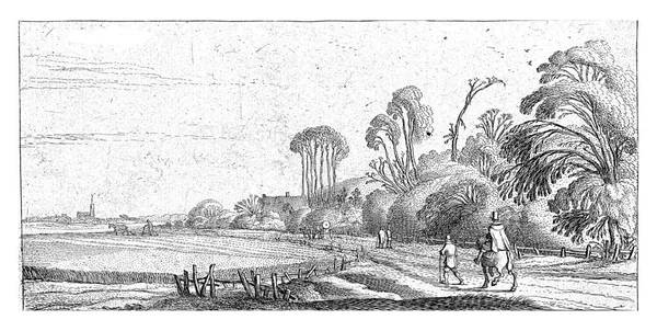 Esaias Van Velde 1645年 在Hillegom附近的公路上与一名骑手和一名徒步者一起游览风景 — 图库照片