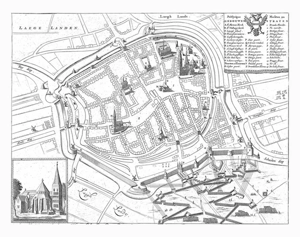 1594年の包囲戦の間のグロニンゲン市の地図 1681年1月Luyken 1594年のマウリッツの包囲戦の間のグロニンゲンの鳥の目のビュー — ストック写真