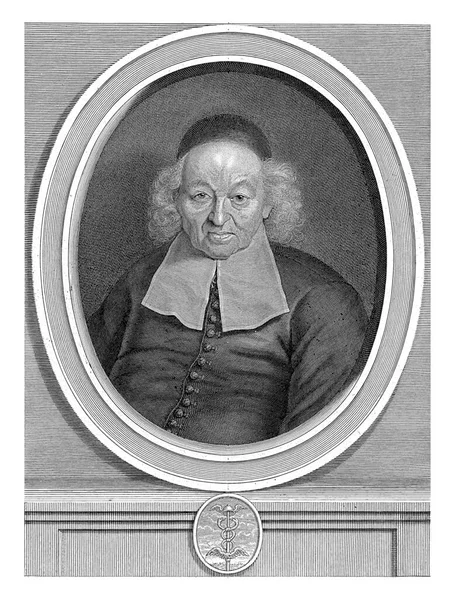 法国天文学家 数学家 图书管理员和祭司Ishmael Bullialdus的肖像 在他的肖像下面 一个手推车上的水银杖 — 图库照片