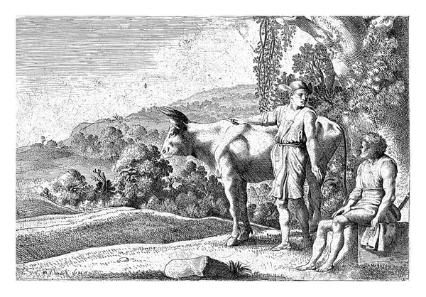 Меркурій Вказує Корову Дивиться Аргуса Який Сидить Кам Яному Блоці — стокове фото
